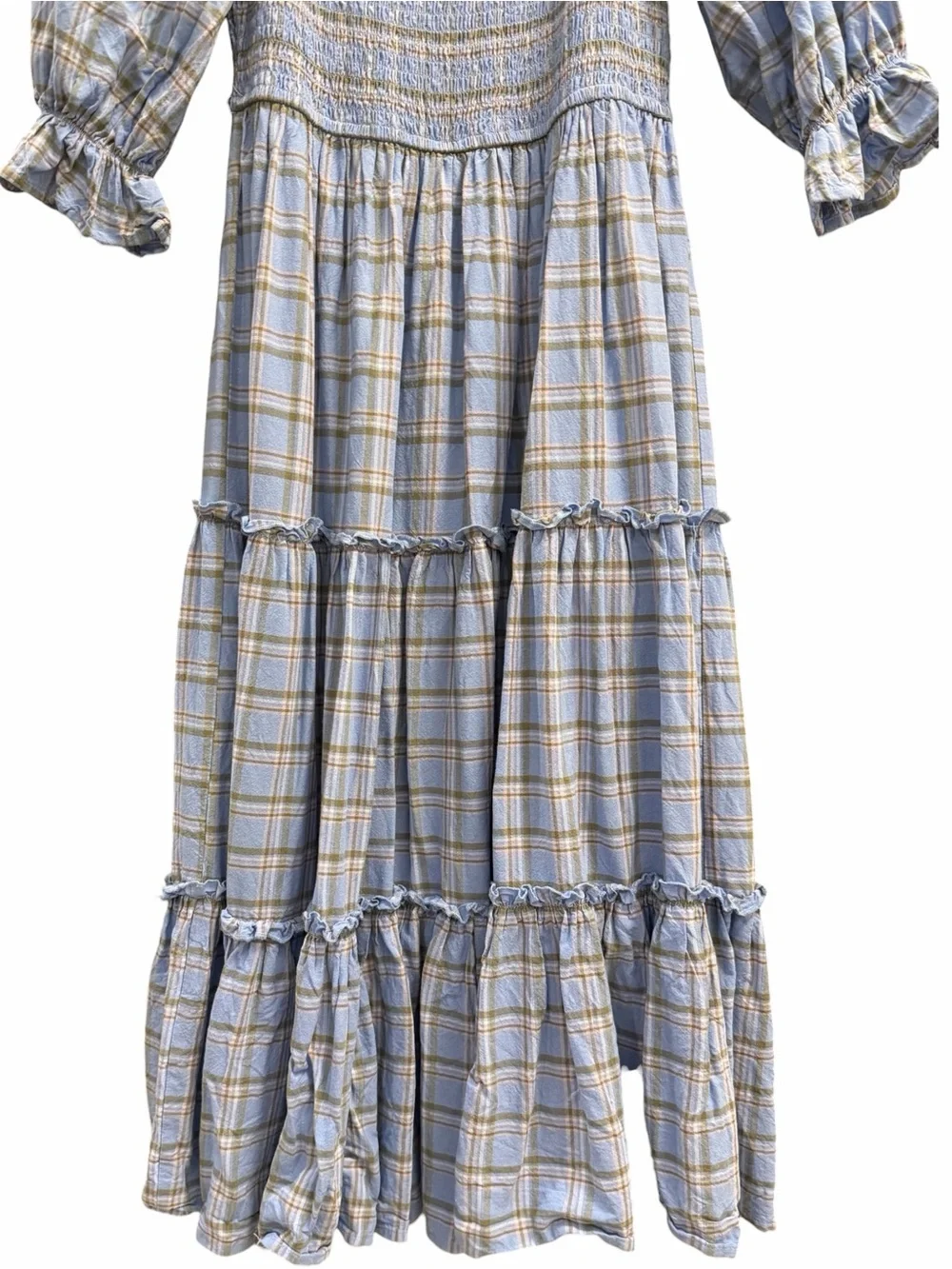 Ivy City Co Madeline Dress Light Blue Plaid Smocked Midi S